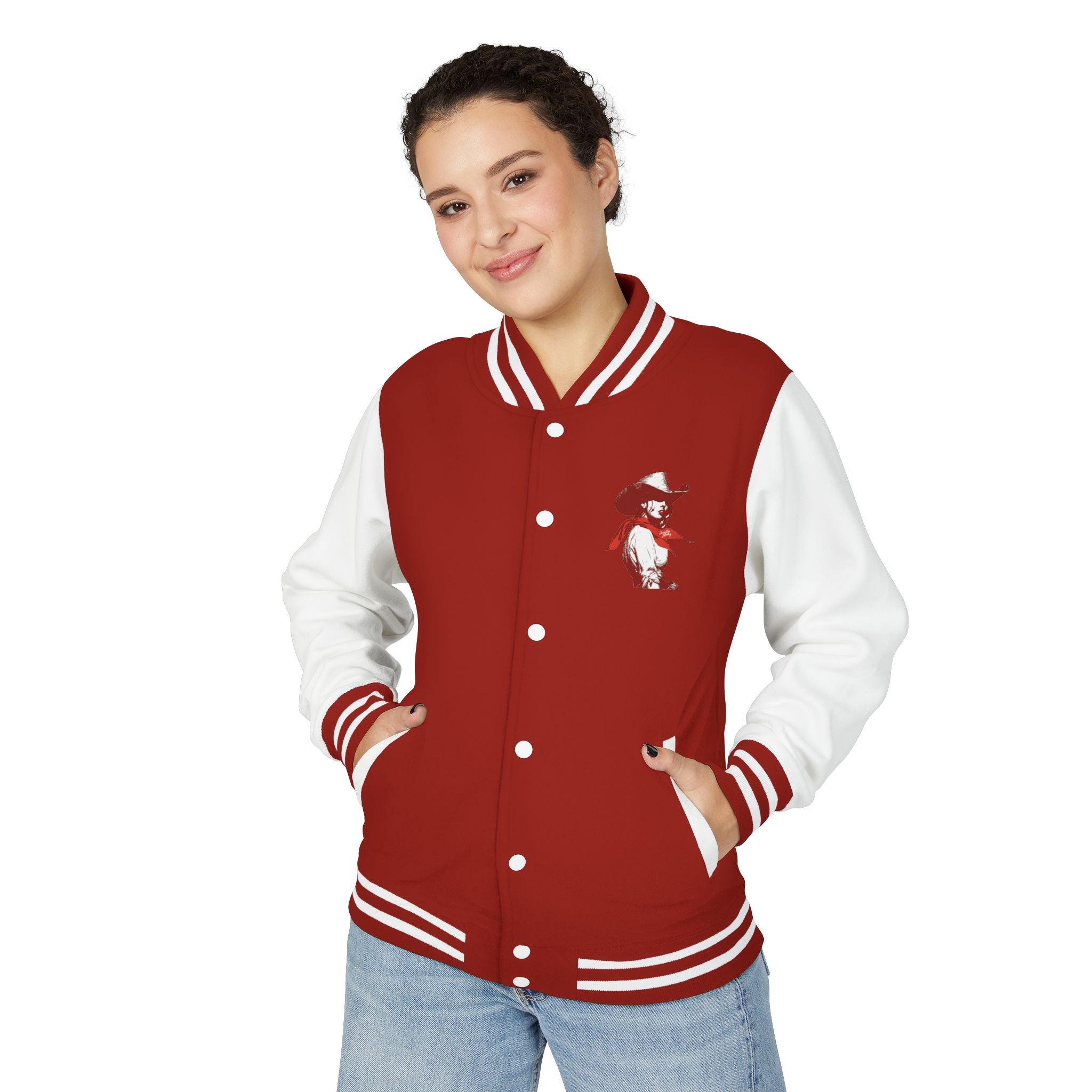 Unisex Heavyweight Letterman Jacket-The Loretta is our Country Strong " It's Who We Are"- female Gunslinger line of Characters.