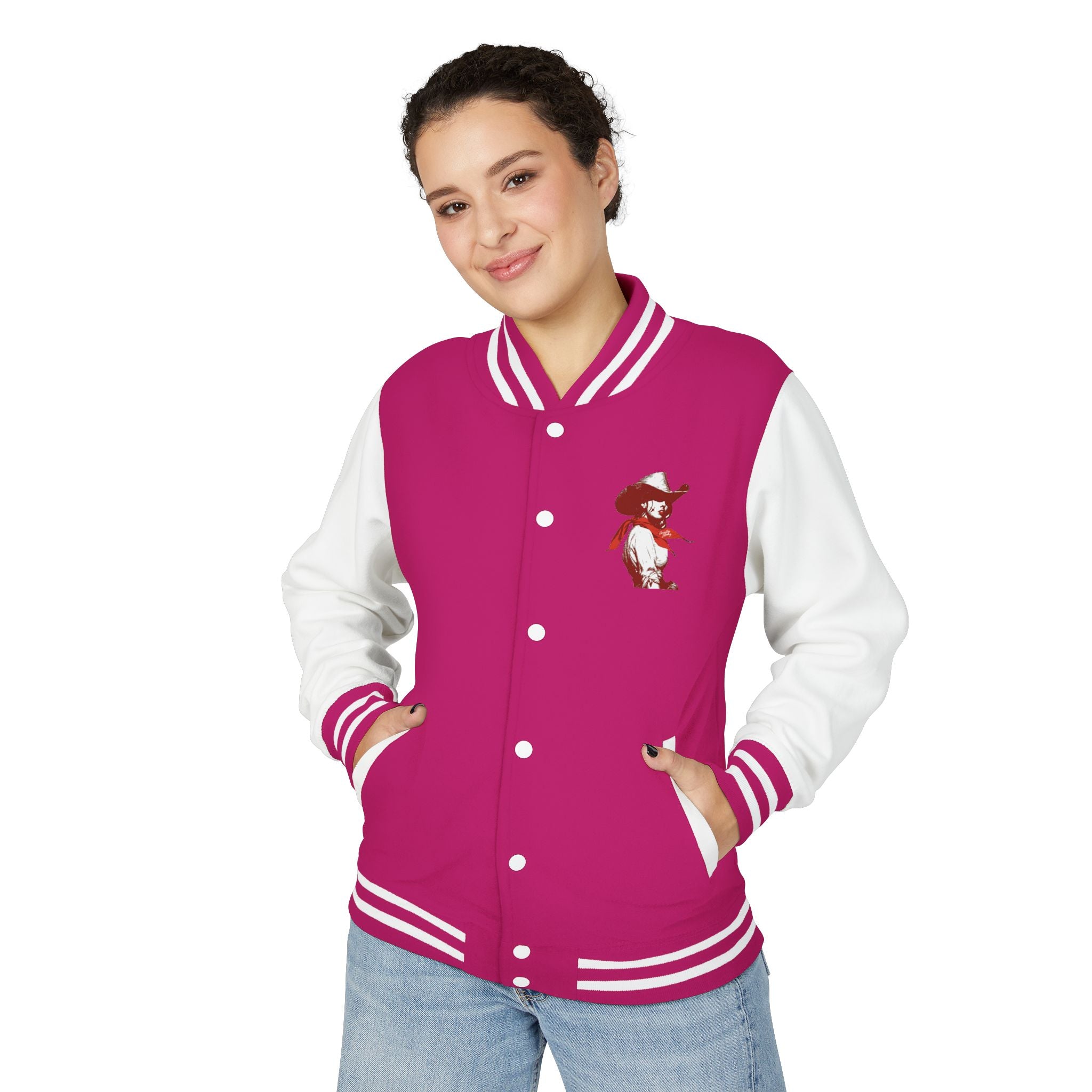 Unisex Heavyweight Letterman Jacket-The Loretta is our Country Strong " It's Who We Are"- female Gunslinger line of Characters.